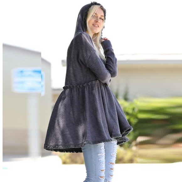 Blue Raw Hem Oversized Tunic Hooded Sweatshirt - Picture 4 of 8